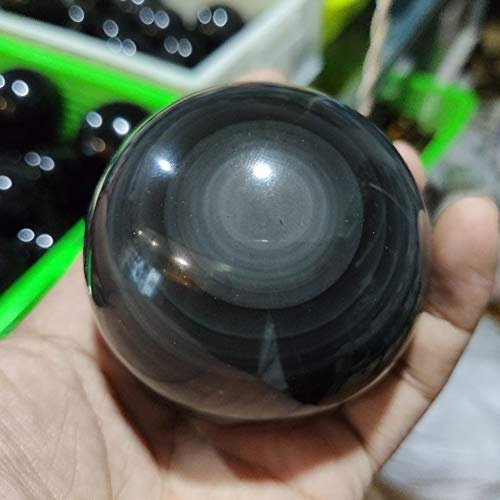 AtkitS Natural Black Obsidian Rainbow Cat Eye Sphere Crystal Ball