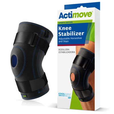Actimove Sports Edition Knee Stabilizer Adjustable Horseshoe and Stays with COOLMAX AIR Technology  Pain Management for Runner's Knee, Patellar Instability  Left/Right Wear  Black, (XXX-Large)