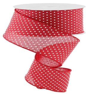 2.5" x 100ft Raised Swiss Dots Wired Ribbon, Red with White