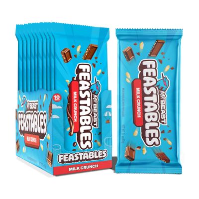 Feastables MrBeast Milk Chocolate Crunch Chocolate Bar, King Size Candy Bar for Adults & Kids, Candy Bars for Snacks, Gifts, & Dessert, Sweet & Creamy Quality Fairtrade Cocoa, 2.1 Oz Each, 10 Count