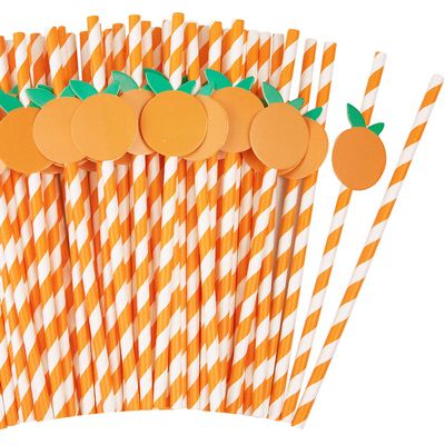50 Pcs Orange Striped Paper Straws Disposable Drinking Straws Orange Fruit Straws for Fall Leaf Autumn Wedding Baby Shower Decorations Birthday Party Supplies, 0.24 X 7.76 Inches