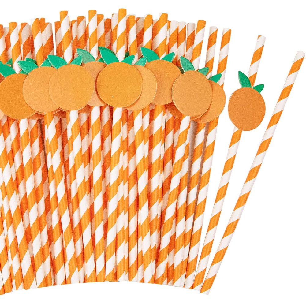 50 Pcs Orange Striped Paper Straws Disposable Drinking Straws Orange Fruit Straws for Fall Leaf Autumn Wedding Baby Shower Decorations Birthday Party Supplies, 0.24 X 7.76 Inches
