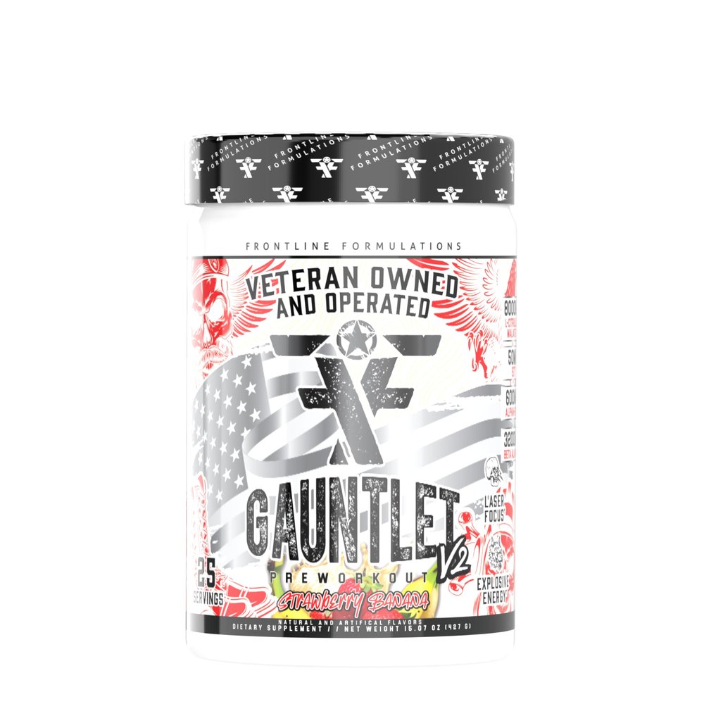 Frontline Formulations Gauntlet Pre-Workout Powder, Explosive Workouts, Laser Focus, Mid Stim, Amazing Flavor, Veteran Owned and Operated, Packaging May Vary (25 Servings, Strawberry Banana)