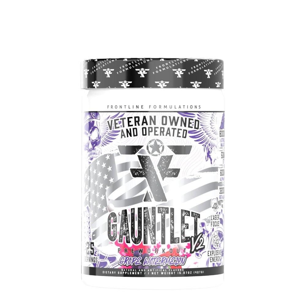 FRONTLINE FORMULATIONS Gauntlet Pre-Workout Powder, Explosive Workouts, Laser Focus, Mid Stim, Amazing Flavor, Veteran Owned and Operated (25 Servings, Grape Watermelon)