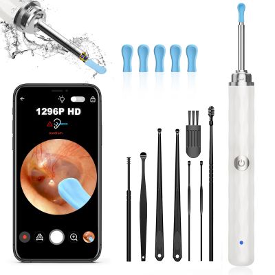 Ear Wax Removal, Ear Cleaner with Camera and Light, Ear Wax Removal Kit with 1296P Otoscope, Ear Cleaning Tool with 6 Ear Spoon, Ear Camera for iPhone & Android Phones,White