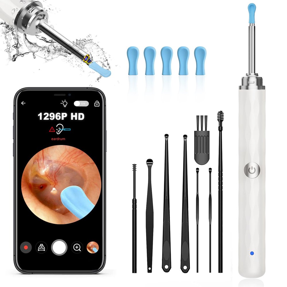 Ear Wax Removal, Ear Cleaner with Camera and Light, Ear Wax Removal Kit with 1296P Otoscope, Ear Cleaning Tool with 6 Ear Spoon, Ear Camera for iPhone & Android Phones,White