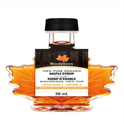 100% Pure Organic Maple Syrup - Premium Grade A - Quebec's Finest in Elegant Maple Leaf Bottle from Biodlices (1.69 Fl Oz (Pack of 1), Maple (CA GRADE A))