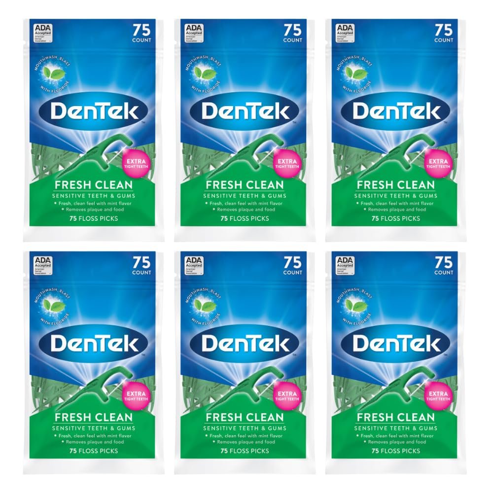 DenTek Fresh Clean Floss Picks, for Extra Tight Teeth, 75 Count, (Pack of 6)