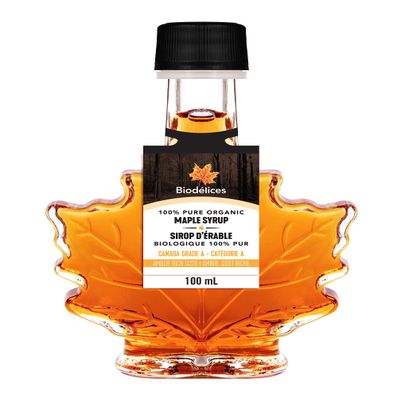 100% Pure Organic Maple Syrup - Premium Grade A - Quebec's Finest in Elegant Maple Leaf Bottle from Biodlices (3.38 Fl Oz (Pack of 1), Maple (CA GRADE A))