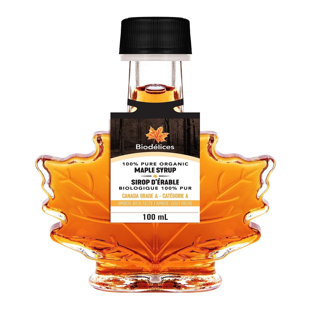 100% Pure Organic Maple Syrup - Premium Grade A - Quebec's Finest in Elegant Maple Leaf Bottle from Biodlices (3.38 Fl Oz (Pack of 1), Maple (CA GRADE A))