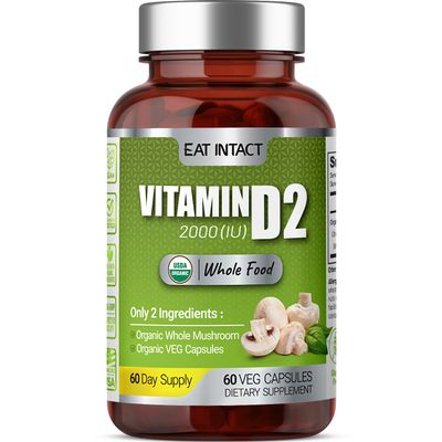 EAT INTACT Vegan Whole Food Vitamin D, 2000 IU (50 mcg), D2, Two Ingredients (Organic Whole Mushroom and Organic Vegan Capsule), Non-GMO, Third Party Tested, 60 Day Supply