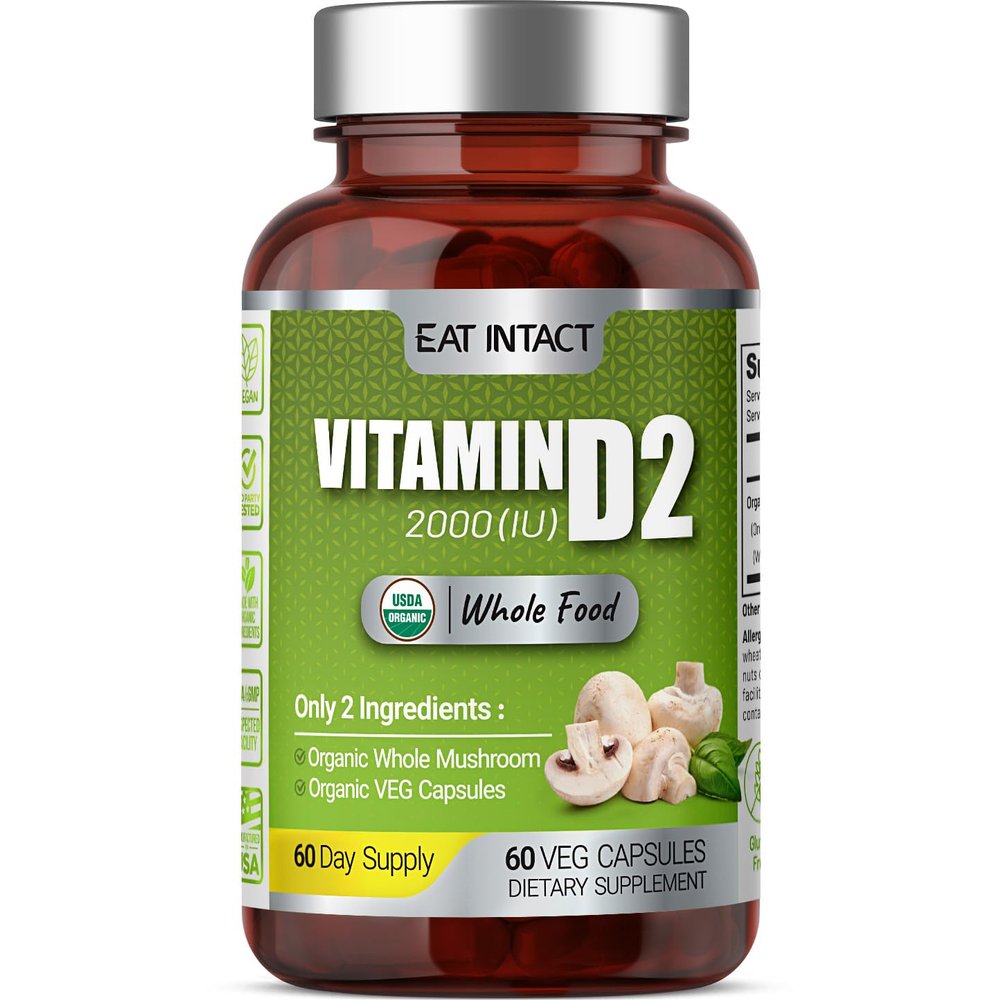 EAT INTACT Vegan Whole Food Vitamin D, 2000 IU (50 mcg), D2, Two Ingredients (Organic Whole Mushroom and Organic Vegan Capsule), Non-GMO, Third Party Tested, 60 Day Supply