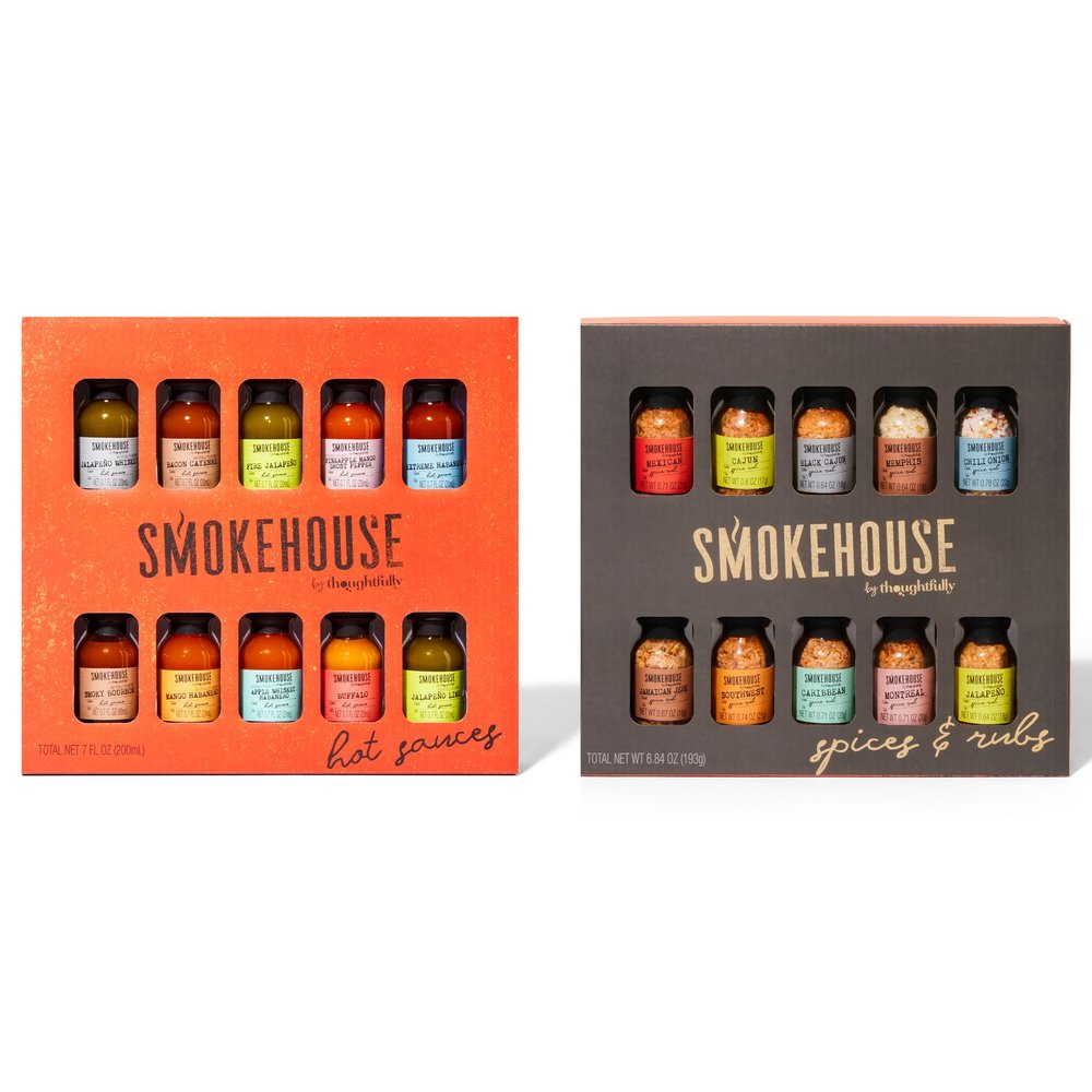 Smokehouse by Thoughtfully, Gourmet Grilling Spice Set and Hot Sauce Gift Set in Mini Glass Bottles, Set of 20