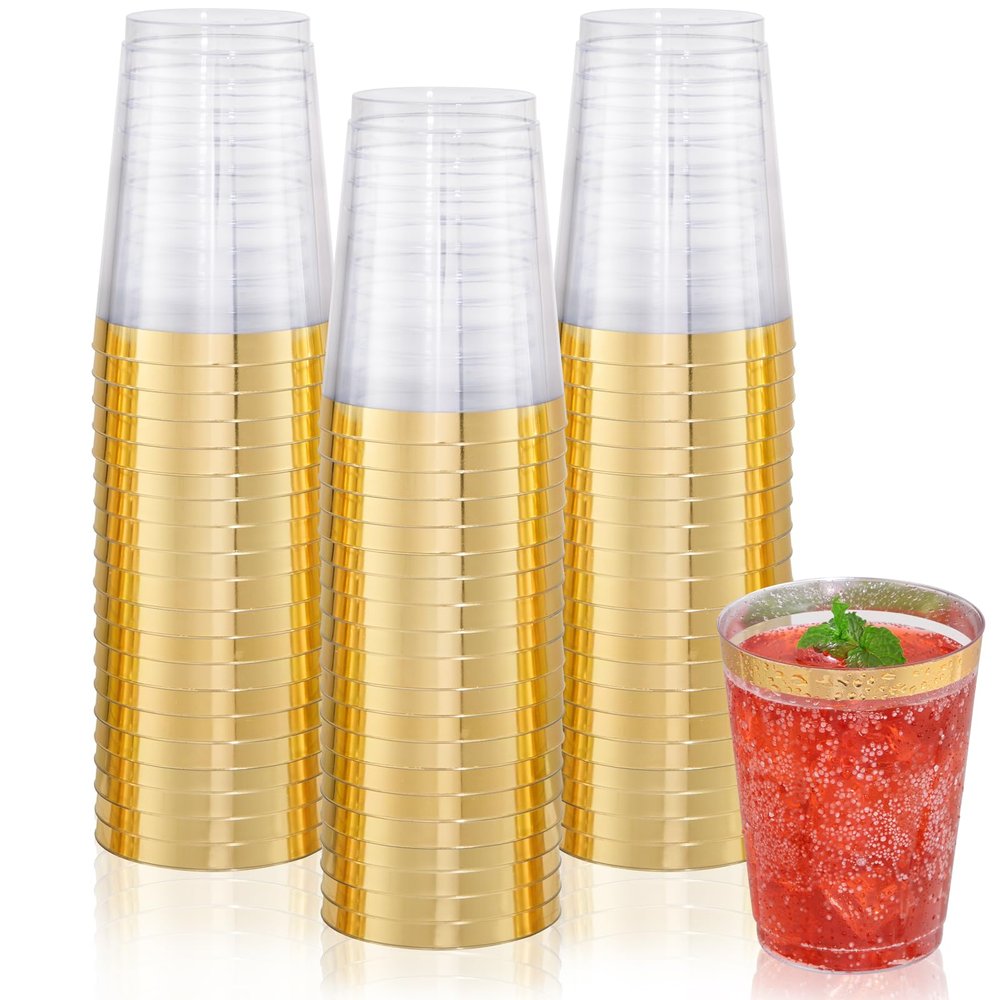 DaYammi 200 Pack Gold Plastic Cups 10 Oz Clear Cup Gold Rimmed Disposable Wine Glasses Fancy Disposable Party Cups Tumblers Drinking Cup Plastic Cocktail Glasses gold disposable cups for Party Wedding