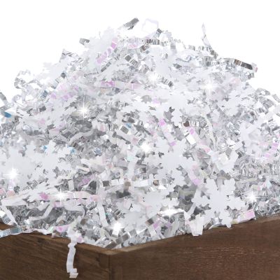 PAPER FAIR 1LB Metallic Silver Diamond White Crinkle Cut Paper Shred Filler w/Snowflake Confetti, Christmas Gift Wrap Packaging Strand, Craft Bedding Cushion, Birthday Box Basket