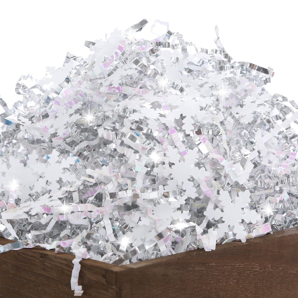 PAPER FAIR 1LB Metallic Silver Diamond White Crinkle Cut Paper Shred Filler w/Snowflake Confetti, Christmas Gift Wrap Packaging Strand, Craft Bedding Cushion, Birthday Box Basket