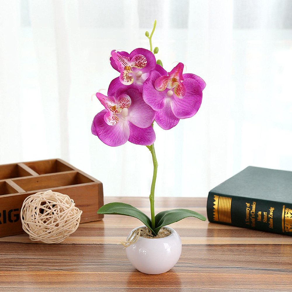 ECLAYA Fake Flowers Three-Flowered Phalaenopsis Bonsai Green Plant Simulation Potted Plant Purple Three-Flowered Phalaenopsis Small Bonsai (Small Round Pot)