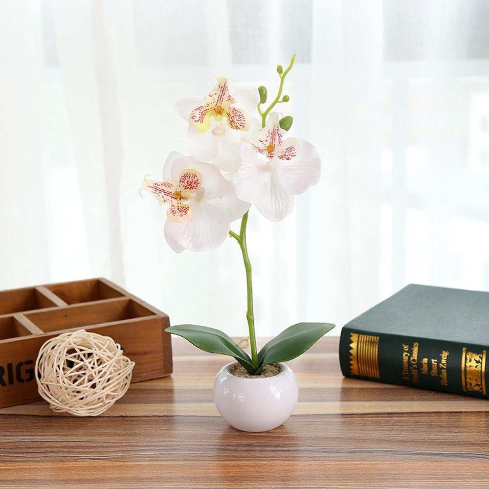 ECLAYA Fake Flowers Three-Flowered Phalaenopsis Bonsai Green Plant Simulation Potted Plant White Three-Flowered Phalaenopsis Small Bonsai (Small Round Pot)