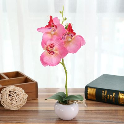 ECLAYA Fake Flowers Three-Flowered Phalaenopsis Bonsai Green Plant Simulation Potted Plant Pink Three-Flowered Phalaenopsis Small Bonsai (Small Round Pot)