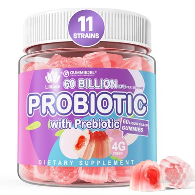 Probiotic Gummies 60 Billion CFU for Women Men & Kids, 11 Strains Probiotics + Organic Prebiotics Fiber for Immune, Digestive Health, Supports Constipation, Diarrhea, Gas & Bloating - Sugar Free, 60ct