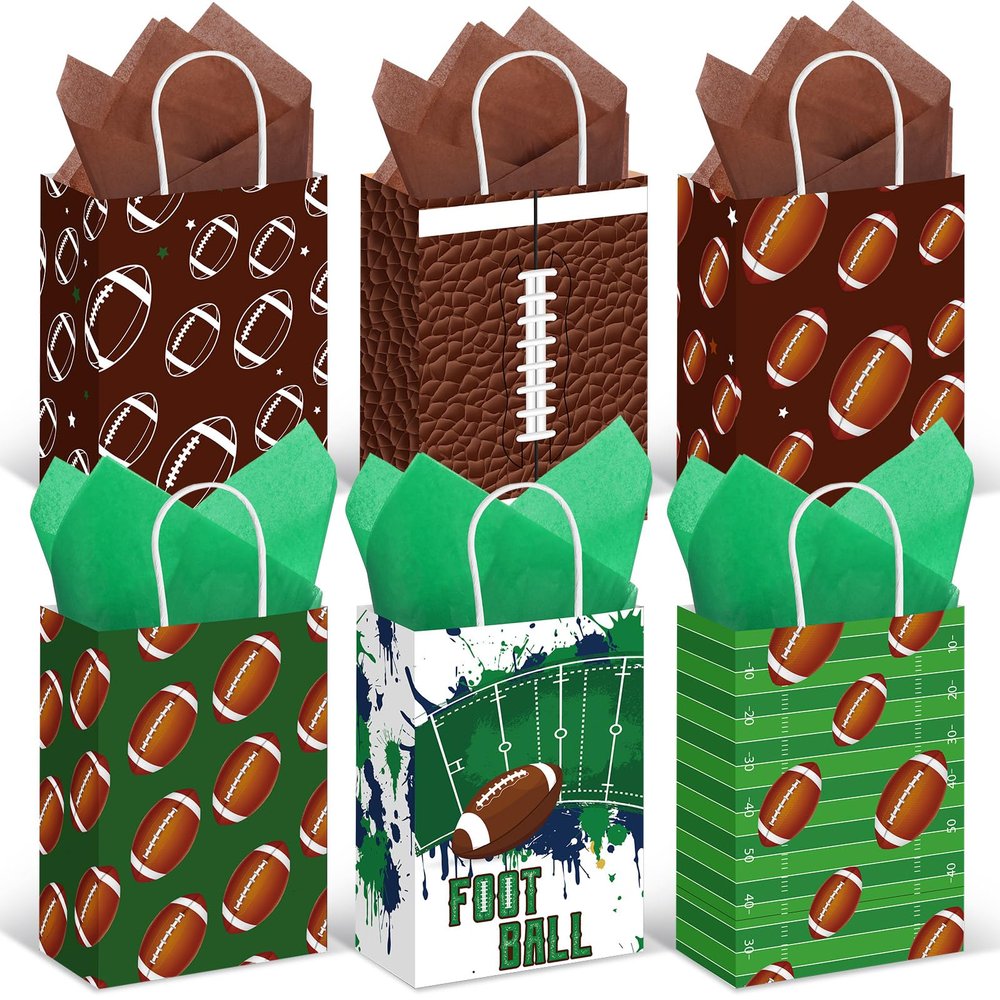 Aoriher 24 Pcs Football Party Favors Gift Bags with Tissue Paper, Sport Goodie Treats Bags Football Theme Candy Paper Bags for Birthday Party Supplies Kids Boys Girls