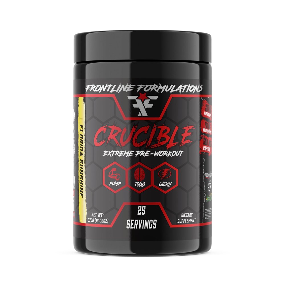 FRONTLINE FORMULATIONS Crucible Pre-Workout Powder, Explosive Workouts, Laser Focus, High Stim, Amazing Flavor, Veteran Owned and Operated (25 Servings, Florida Sunshine)
