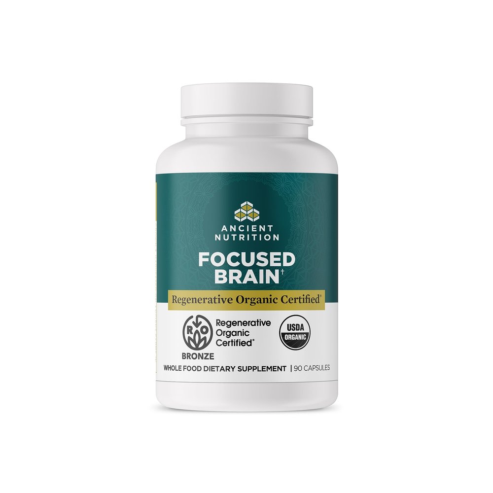 Ancient Nutrition Regenerative Organic Certified Focused Brain Capsules, Made with Ginkgo Leaf, Lion's Mane to Help Reduce Stress, Gluten Free, Paleo and Keto Friendly, 90 Count