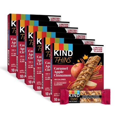 KIND THINS Caramel Apple Cinnamon with Almonds, Pecans, & Peanuts, Gluten Free, 100 Calorie, Healthy Snacks, 10 Bars (Pack of 6, 60 Count total)