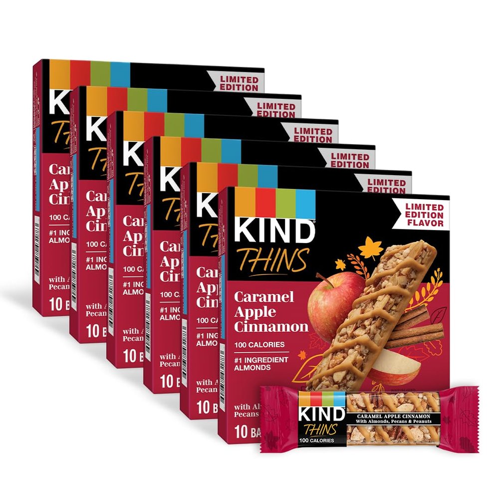 KIND THINS Caramel Apple Cinnamon with Almonds, Pecans, & Peanuts, Gluten Free, 100 Calorie, Healthy Snacks, 10 Bars (Pack of 6, 60 Count total)