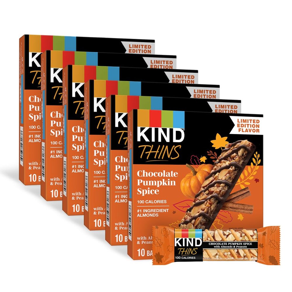 KIND THINS Chocolate Pumpkin Spice with Almonds & Peanuts, Gluten Free, 100 Calorie, Healthy Snacks (Pack of 6, 60 Count Total)