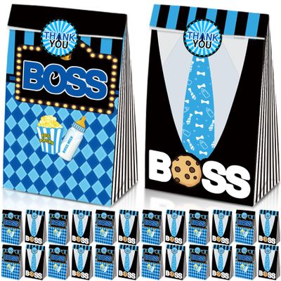 HAPPARTY BOSS Party Favor Gift Bags 24 PCS with 30 Stickers for Blue Black Boy Birthday Baby Shower Goodie Candy Treat Bags Party Decoration Supplies