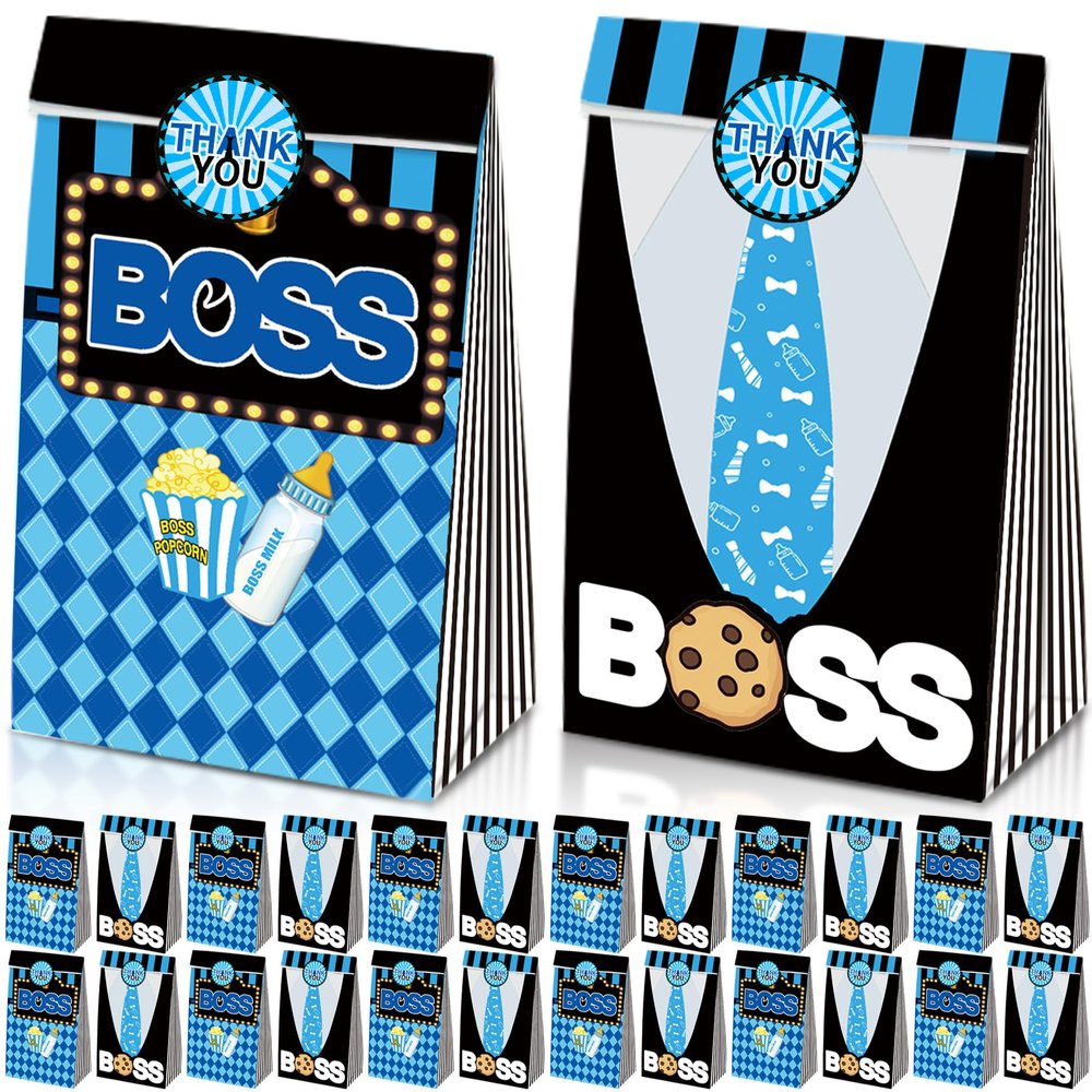 HAPPARTY BOSS Party Favor Gift Bags 24 PCS with 30 Stickers for Blue Black Boy Birthday Baby Shower Goodie Candy Treat Bags Party Decoration Supplies