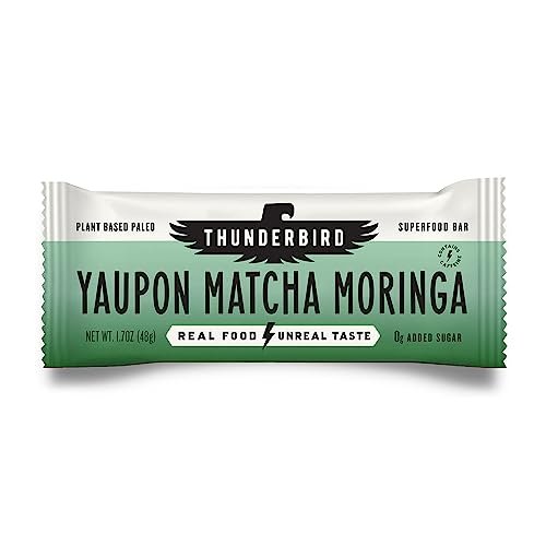 Thunderbird Bars Energy Snack, Gluten-Free with Protein, Healthy Real Food, Vegan Paleo Non-GMO, No Added Sugar, Yaupon Matcha Moringa Flavor (12 Count, 1.7 oz. Bars)