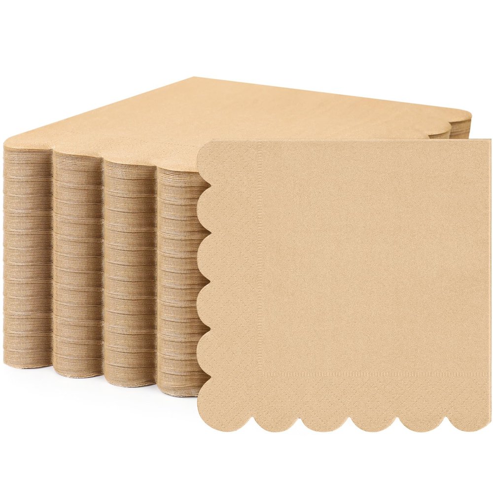 Fuutreo 200 Pcs Cocktail Napkin 2-ply Scalloped Edged Dessert Napkins Folded 5 x 5 Inches Disposable for Dinner Wedding Birthday Party Bridal Anniversary Reception Event(Kraft Color)