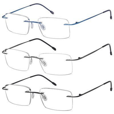 Eyekepper 3-Pack Rimless Metal Reading Glasses for Men - Rectangle Frameless Readers (Black/Blue/Gunmetal)+3.50