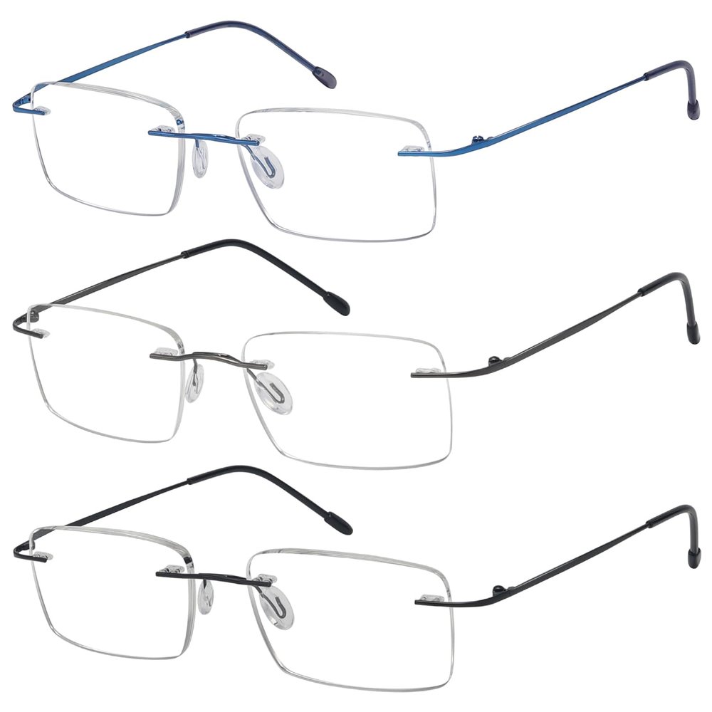 Eyekepper 3-Pack Rimless Metal Reading Glasses for Men - Rectangle Frameless Readers (Black/Blue/Gunmetal)+3.50
