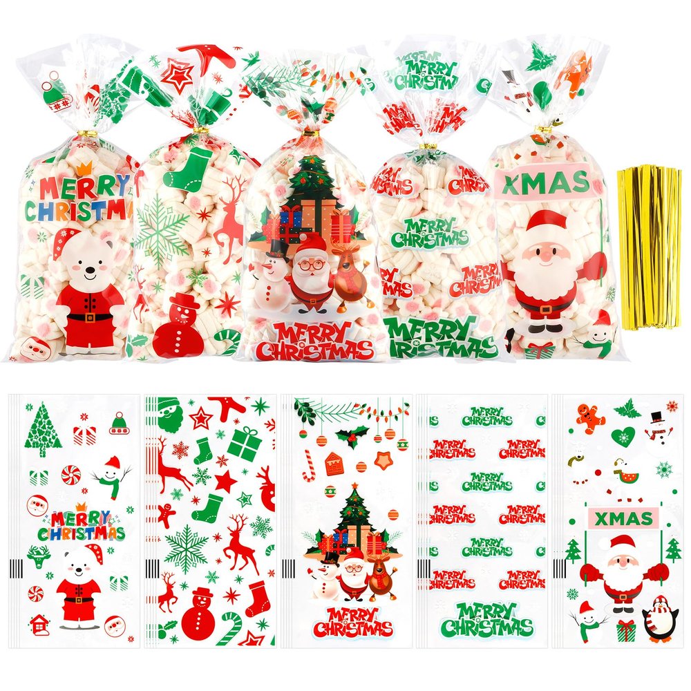 Christmas Treat Bags, 100 PCS Christmas Cellophane Treat Bags, Plastic Clear Xmas Candy Bag with 100 Pcs Twist Ties for Cookie Goodies Gift Present Wrap for Xmas Party Favor Supplies, 5.04x10.63 Inch