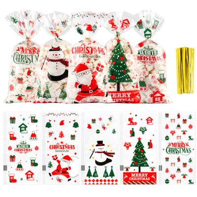 Christmas Cellophane Treat Bags, 100 Pack Christmas Candy Bags, 5.04x10.63 Inch Clear Plastic Xmas Treat Cookie Goodies Gift Present Snack Bag with 100 Pcs Twist Ties for Xmas Party Favor Supplies