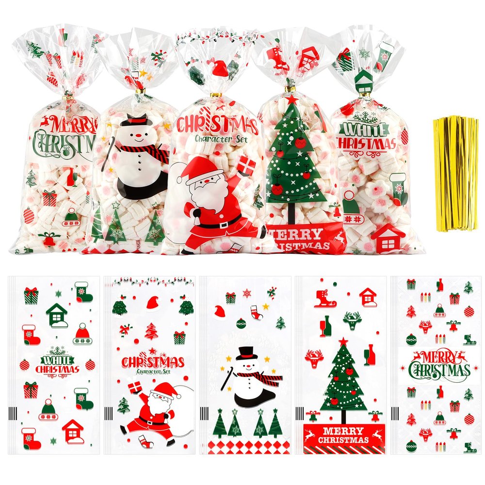 Christmas Cellophane Treat Bags, 100 Pack Christmas Candy Bags, 5.04x10.63 Inch Clear Plastic Xmas Treat Cookie Goodies Gift Present Snack Bag with 100 Pcs Twist Ties for Xmas Party Favor Supplies