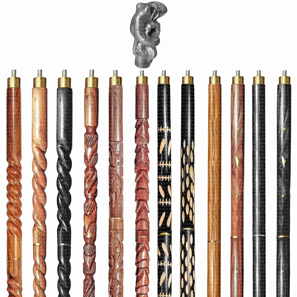 Wooden Walking Sticks and Canes Travel Collapsible for Men Women Seniors Hiking with Aluminum Octopus Handle (Silver Polished, AANWS-98) (WS-07)