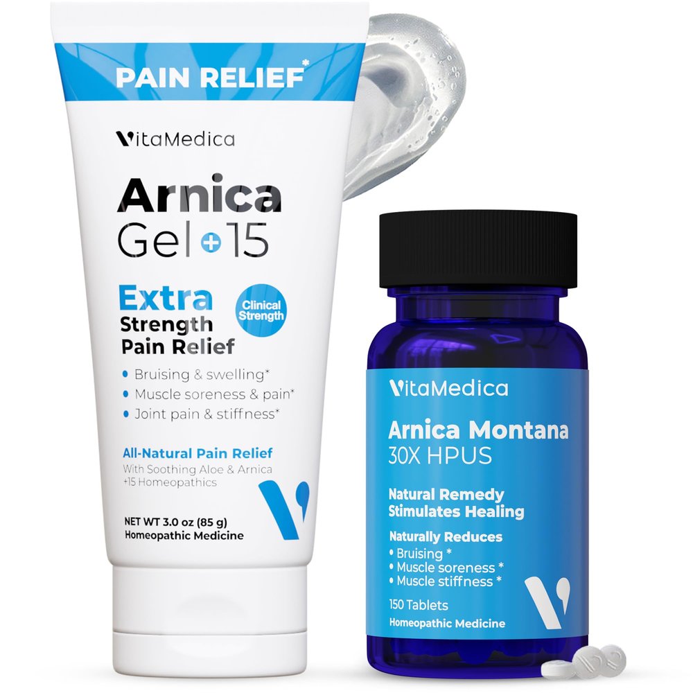VitaMedica Arnica Montana Tablets & Arnica Gel Bundle  Support for Bruising, Swelling & Soreness, 150 Rapid-Dissolve Tablets + 3 oz Water-Based Gel