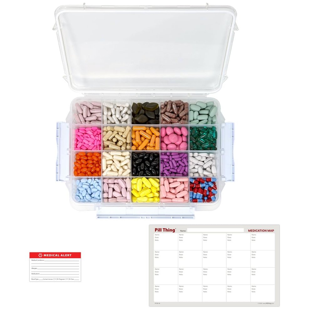 20 Compartment Large Pill Case with Airtight Seal - Silicone Gasket Waterproof Med Box with Medication Map (Clear, 1 Pack)