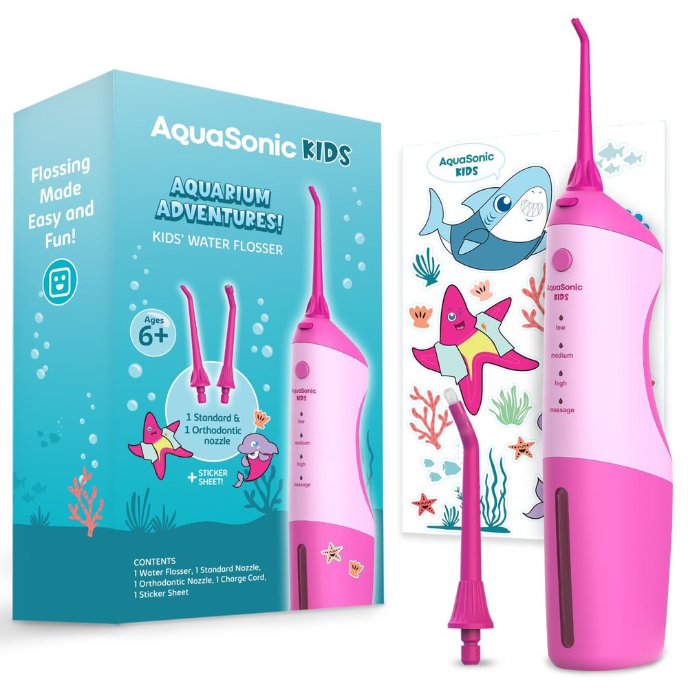 AquaSonic Kids' Water Flosser for Ages 6+ | Standard Nozzle, Orthodontic Nozzle & Waterproof Stickers | 4 Flossing Modes | Aquarium Adventures Theme (Pink)