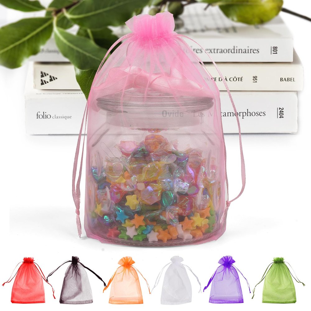 ANZNKU 50 Pack Sheer Organza Bags 6x9 inches, Mesh Drawstring Bags, Mesh Bag for Gifts Large Organza Favor Bag Drawstring for Party Wedding Valentine Gift(Pink)