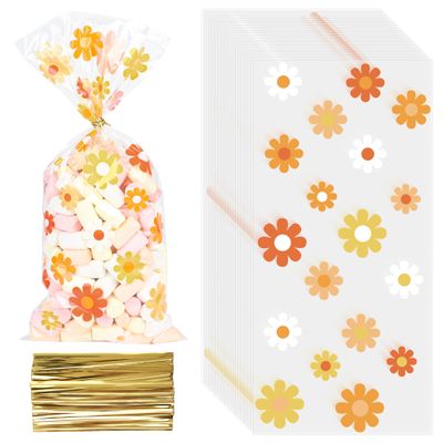 100 Count Daisy Candy Bags Boho Groovy Cellophane Bags Hippie Retro Plastic Gift Bags Daisy Flower Goodie Bag with Gold Twist Ties for Birthday Party Favors Baby Shower Food Packaging