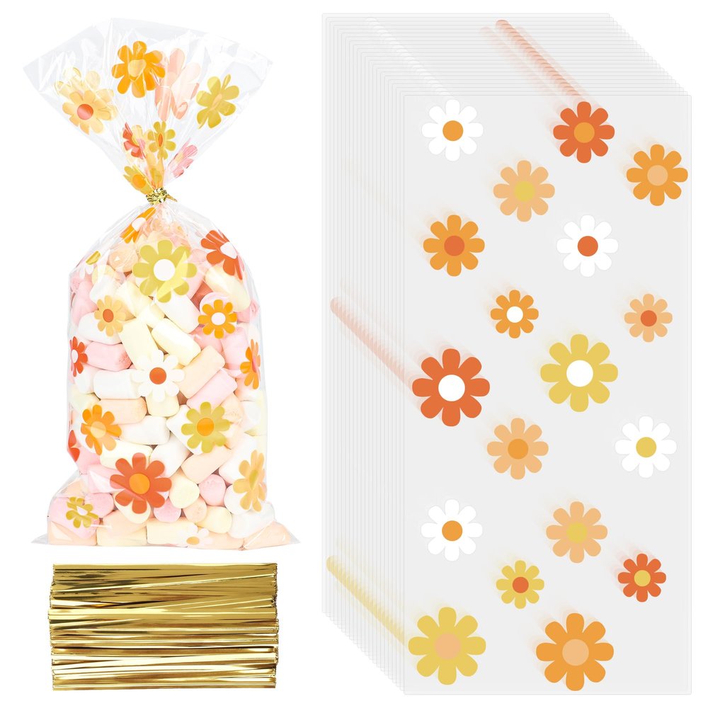 100 Count Daisy Candy Bags Boho Groovy Cellophane Bags Hippie Retro Plastic Gift Bags Daisy Flower Goodie Bag with Gold Twist Ties for Birthday Party Favors Baby Shower Food Packaging