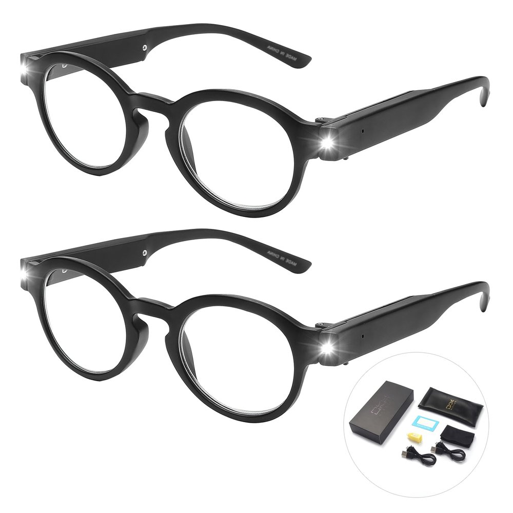 OKH 2 Pcs Reading Glasses with Lights Rechargeable LED Readers Fashion Glasses for Reading for Men Women Lighted Magnifier, Anti Blue Light, Unisex Bright Clear Vision Lighted Eye Glasses,1.5X