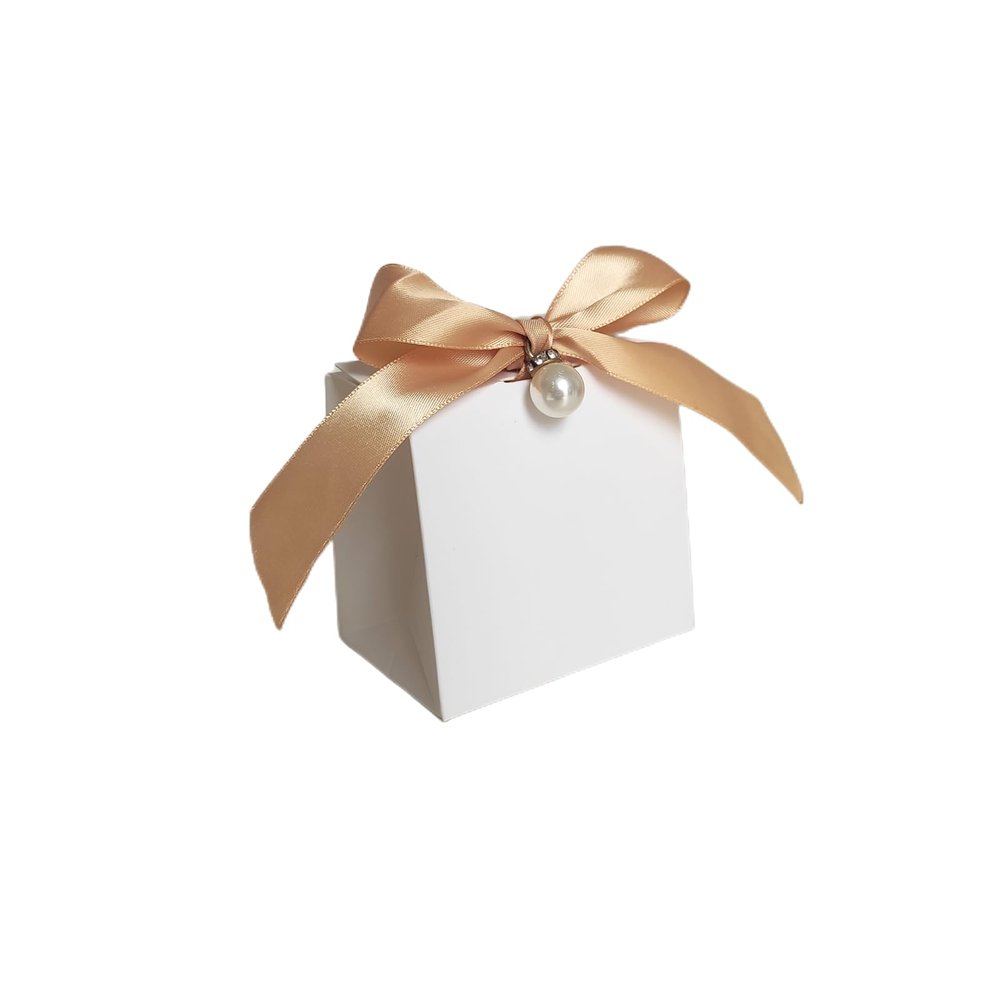 100pcs Gift Boxes for Party Favors,White Candy Box for Wedding Favor, Baby Shower, Bridal Shower, Small Paper Box for Candle,Goodie with Ribbons and Pearls (white box with gold ribbon)