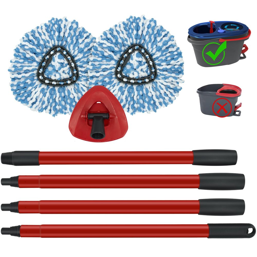 2 Pack Spin Mop Replacement Head,1 Base,4-Section Sturdy Iron Mop Handles Compatible with O Ceda EasyWring RinseClean 2 Tank System Mop,Oceda Mop Refills and Mop Stick 30" to 58" Set to Floor Clean