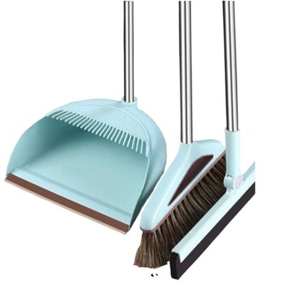 Broom and Dustpan Set Broom Dustpan Combo,Dust Pan Household Broom Mane Bristle Floor Squeegee Blue Three Pcs -Round Sweeping SSF